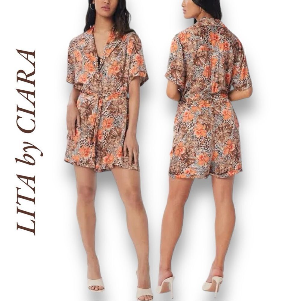 LITA by CIARA Women’s Utility Belted Romper in Animal Floral Cherry Tomato